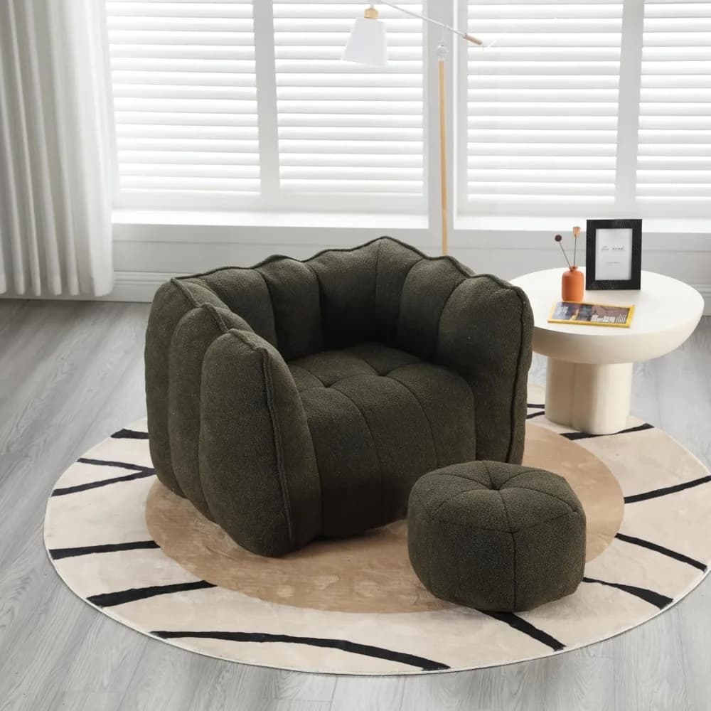 Chenille Bean Bag Chairs for Adults, Comfy Beanbag Lounge Arm Chair with Ottoman Stool and High Resilient Foam Chips