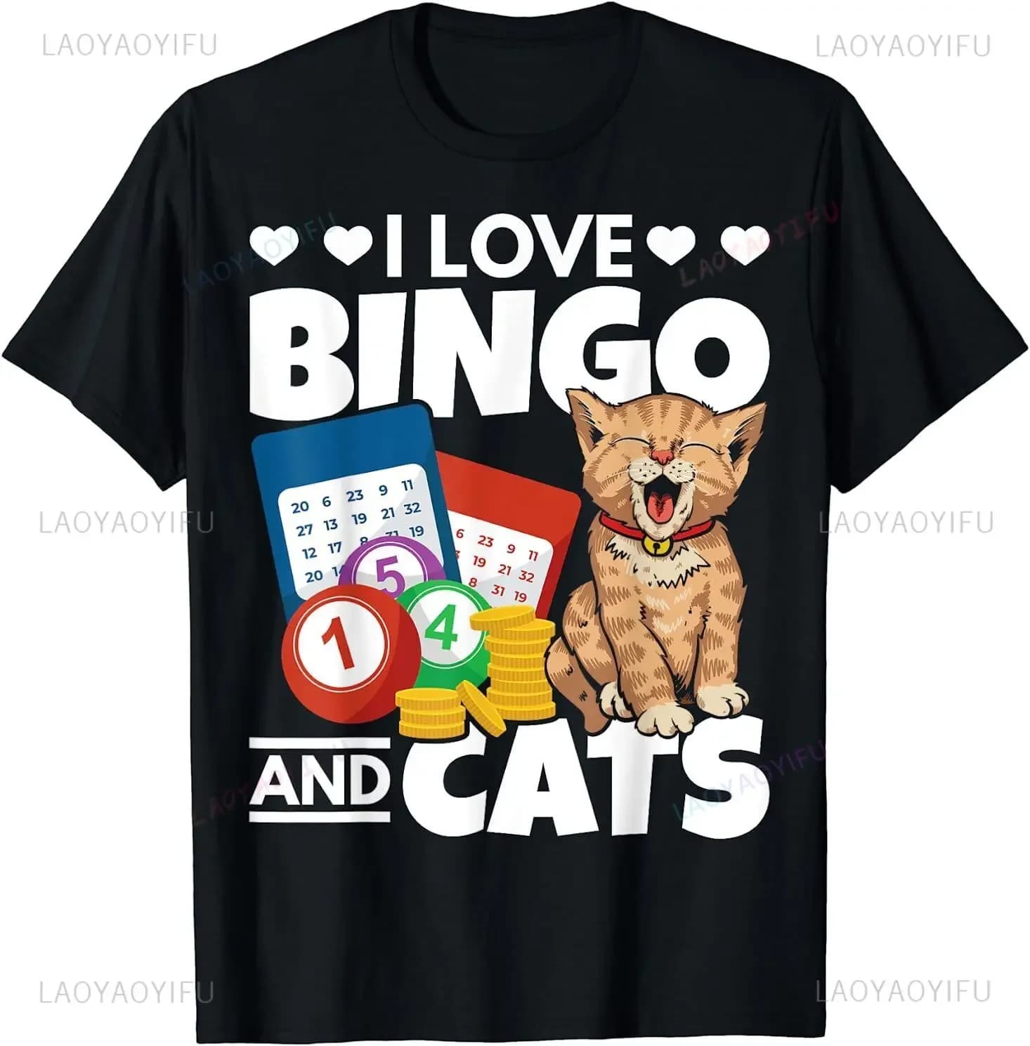 I Love Bingo and Cat Games Printed T-shirts Classic Vintage Summer Short Sleeves for Men and Women Crew-neck Everyday Clothes