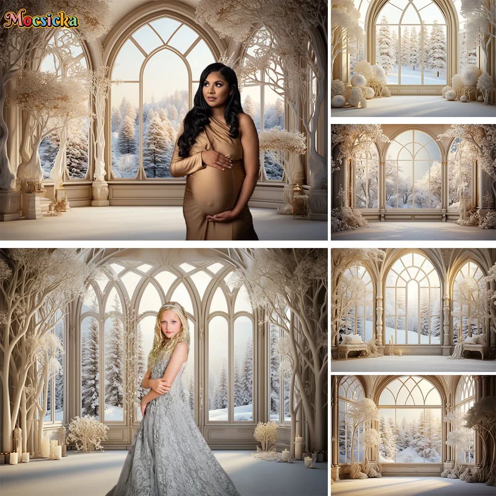 Winter Golden Palace Photography Backdrop Prop Christmas Tree Decor Wedding Party Background Winter Family Portrait Photo Studio