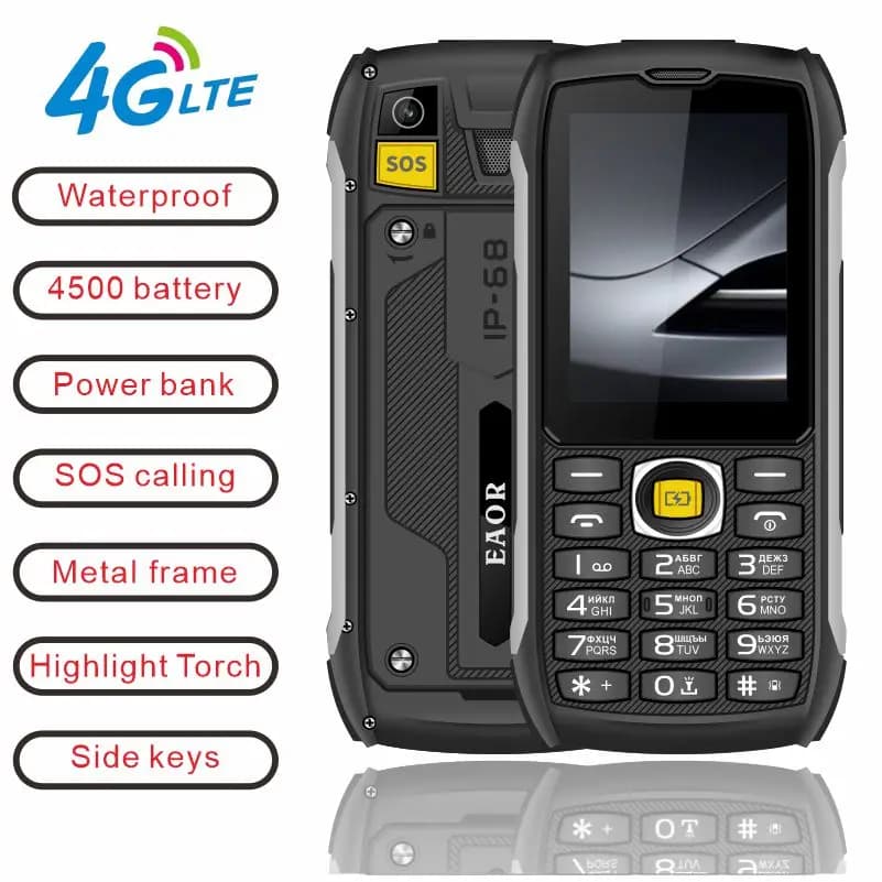 EAOR 4G LTE Waterproof Rugged big Battery powerbank Feature Keypad 2.8 IPS display volume side key Glare Flashlight Mobile Phone