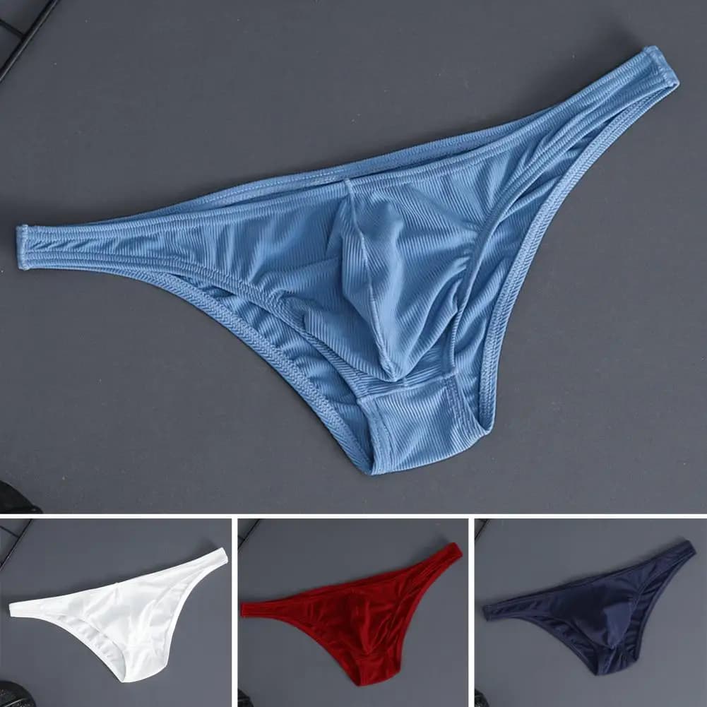 Fashion Men Briefs Ice Silk Thin Stripe Solid Color U Convex Inside Wearing Sexy Quick Dry Thong Panties Underpants