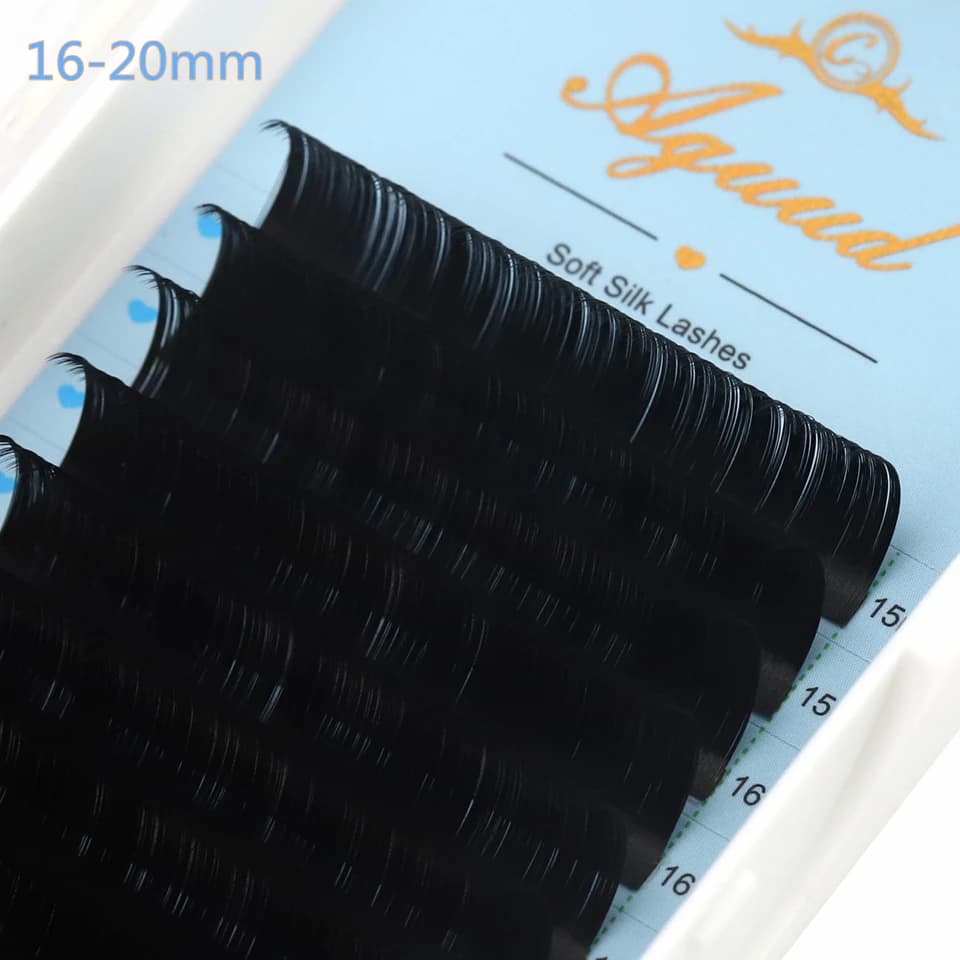 AGUUD 16 Rows Long 16-20mm Eyelashes Extensions Individual Matte Black Cashmere Silk Eyelashes Faux Mink Russian Volume Lashes