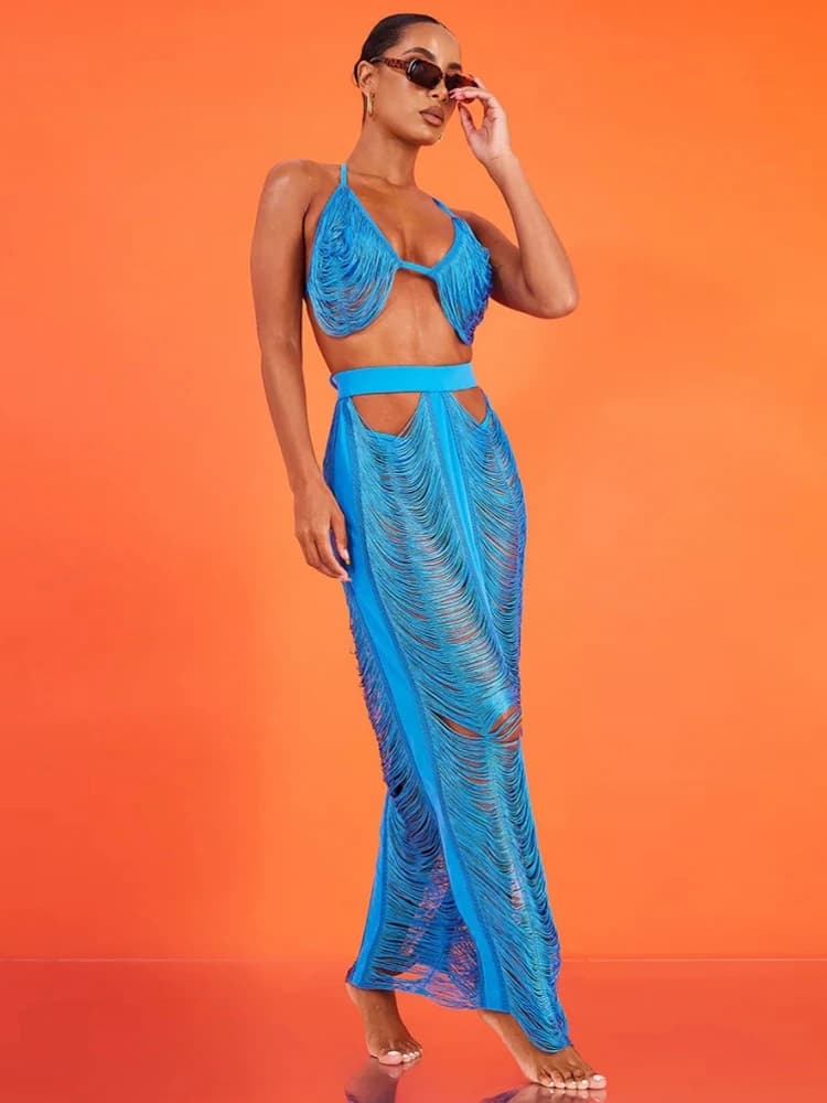 2 Piece Set Sexy Knit Two Piece Sets Women Hollow Out Top Skinny Elastic Force Maxi Skirts Suits Summer Female Club Outfits Y2K