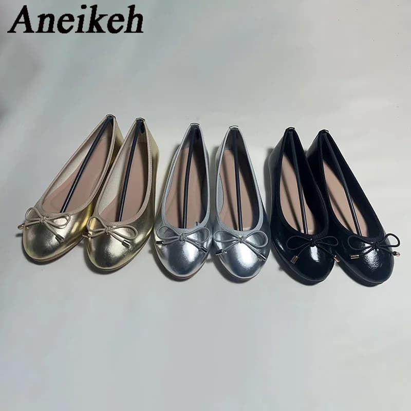 Aneikeh Gold Silver Fashion Flats Luxury Women Ballerinas Round Toe Bowtie Slip on Comfort Loafers Ladies Casual Mules Shoes