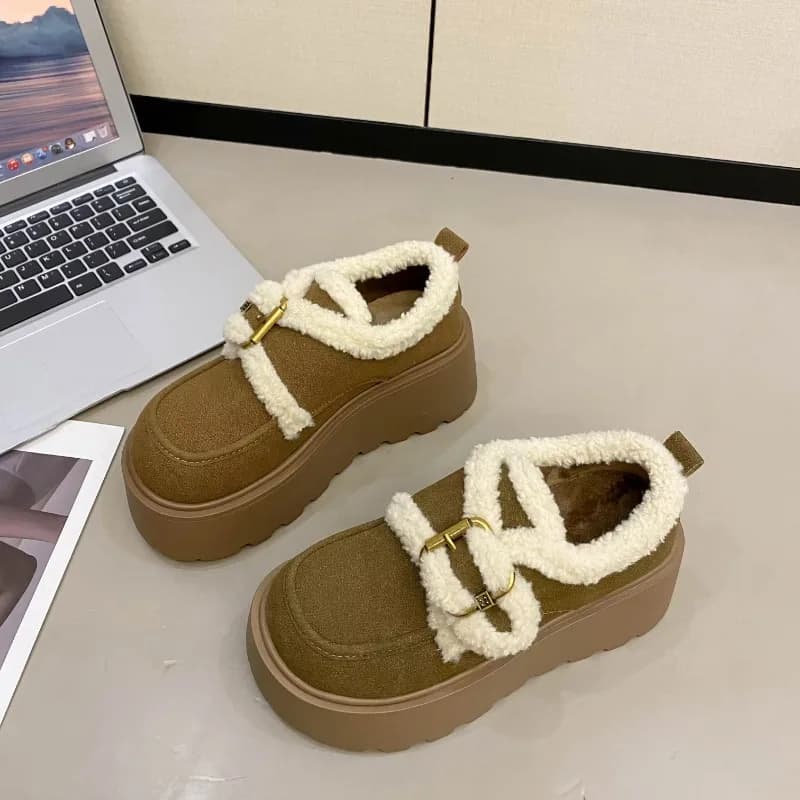 Women's New Winter Heel Boots Fashion Round Head Cow Suede Metal Buckle Thick Sole Anti-slip Wear-resistant Low-top Shoes