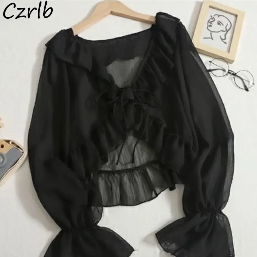 Blouses Women Lace-up Summer New Design Thin Trendy Long Sleeve Leisure Sweet Girls All-match Korean Style Tender Streetwear Ins