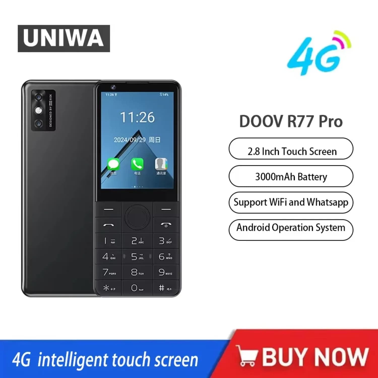 DOOV R77 Pro 4G Ultrathin Smart Touch Screen Google Mobile Phone 2.8inch 3GB+32GB Android13 5MP Whatsapp Multi Language Keyboard