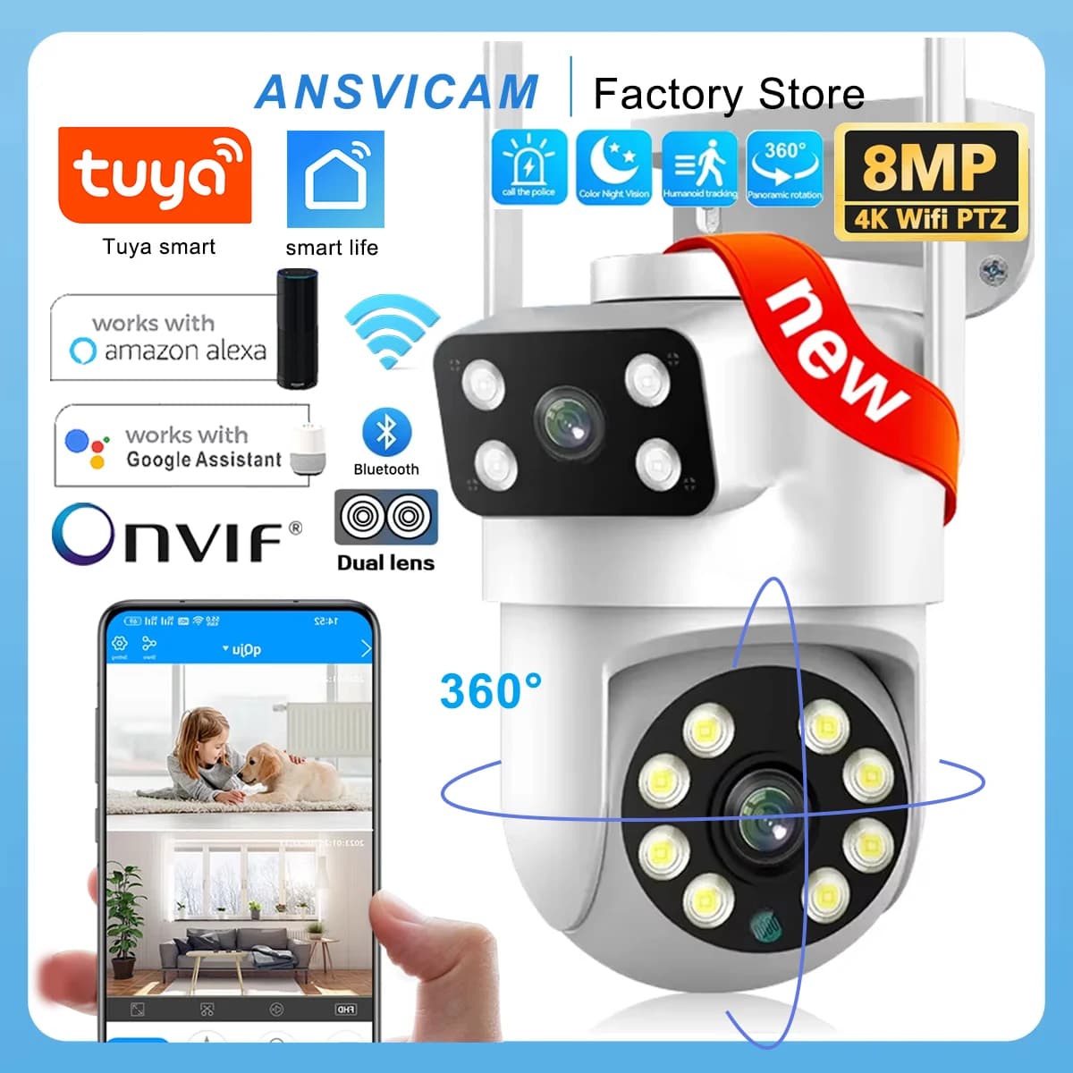 Tuya Outdoor Wireless Security IP Camera 4K 8MP HD Dual Lens External Wifi PTZ Camera Auto Tracking Street Surveillance Camera