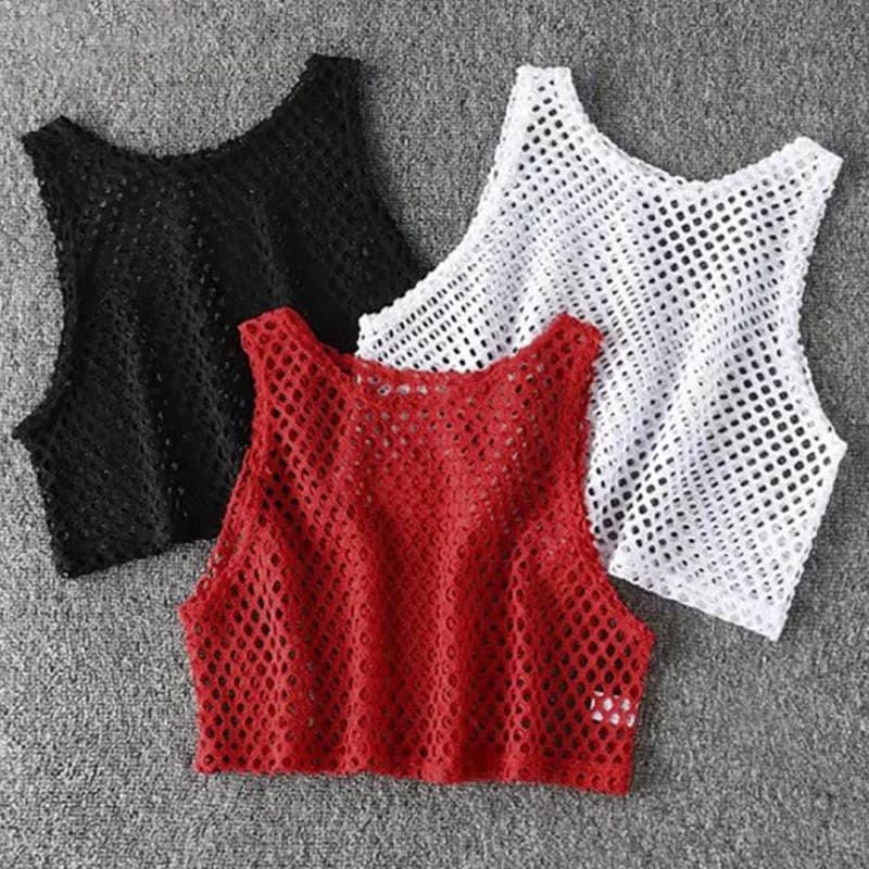 Sexy Black/Red Hollow Out Crop Top 2023 Mesh T-shirt Female Loose Fashion Summer Basic Tops For Women Fishnet Shirt