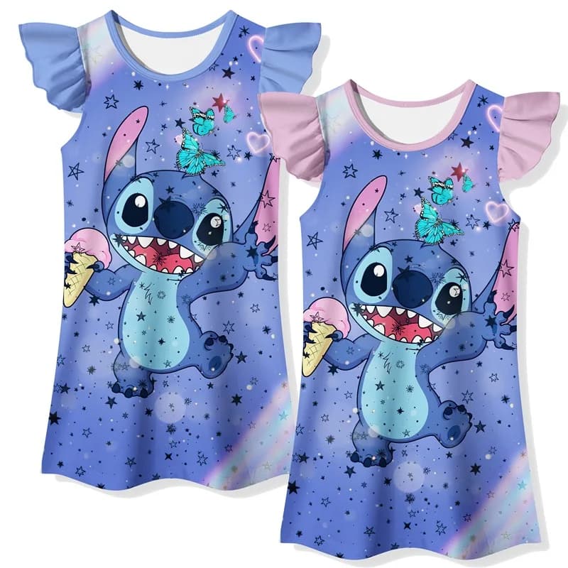 2023 Kids Night Dress Baby Girls Cartoon Stitch Nightgown Silky Milk Silk Girls Sleepwear Pyjama Enfant Fille Kawaii Nightdress