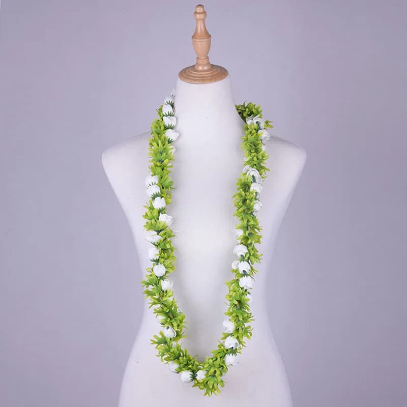 Popular Artificial Silk Rosebud Greenrose Lei Double Strand Braided Necklace Hawaiian Garland Polynesian Samoan Style Wreath