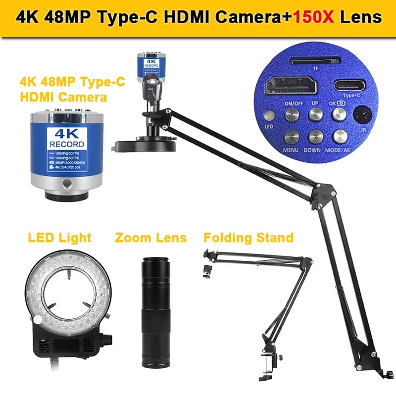 1-150X Zoom Lens Soldering Microscopio HD 4K 48MP 1080P Industrial Camera Type C HDMI Video Digital Microscope for Electronics