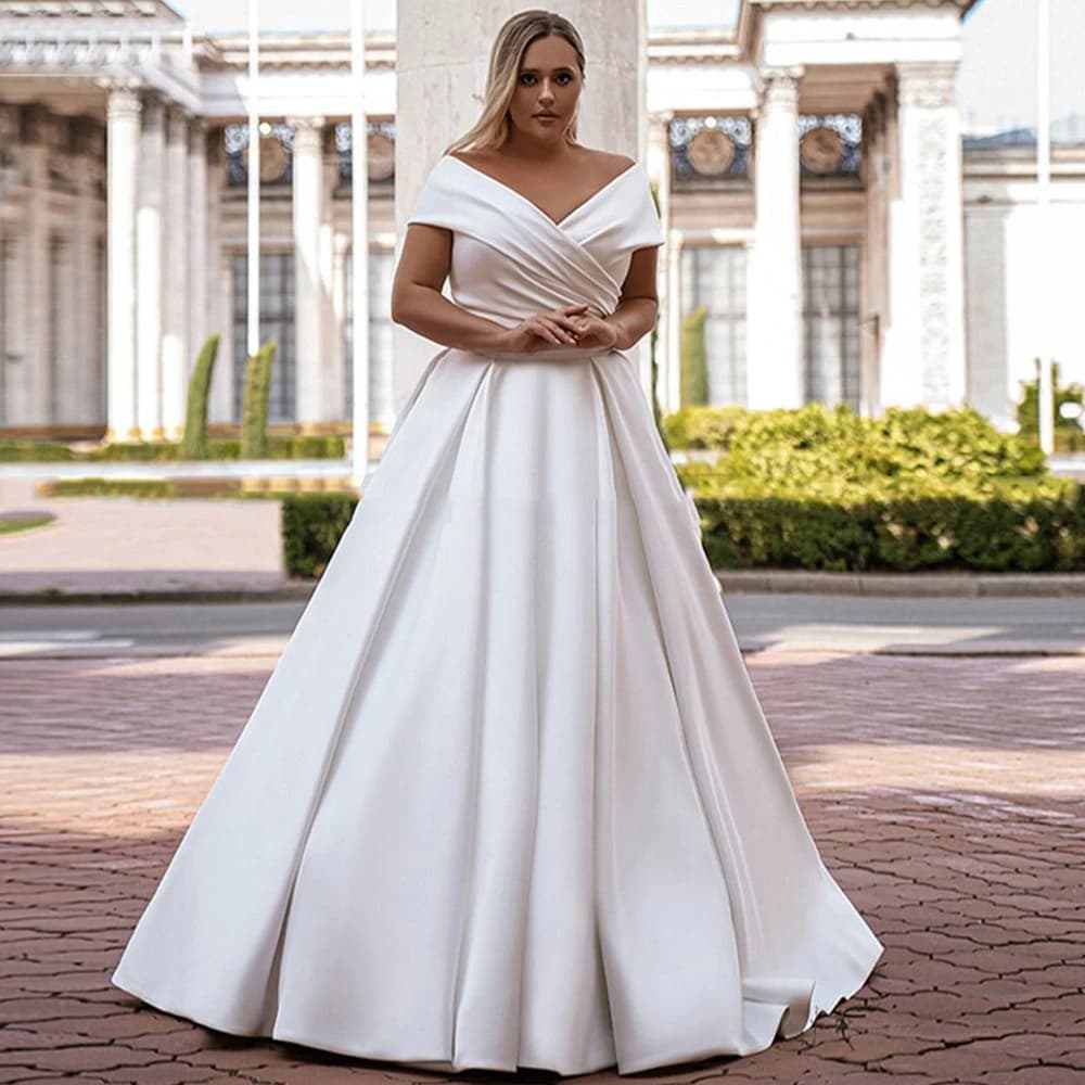 Simple Satin Wedding Dress V-Neck Off the Shoulder Short Sleeves Plus Size Bride Gowns Classic A-Line Custom Vestidos De Novia