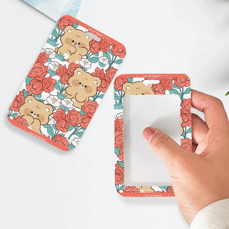 Rose Bush Bear Student Card Case Bus Card Protective Case Colorful Card Storage Photo Bag Credential Badge Holder with Lanyard