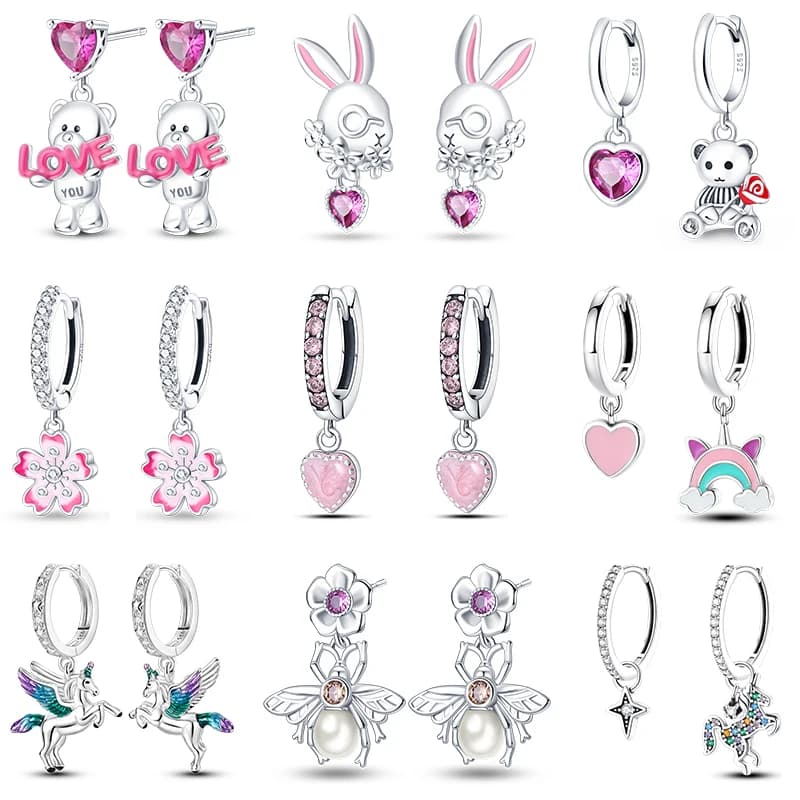 Earrings For Womens 925 Silver Color Pink Rainbow Horse Bear Bee Double Hoop Earrings Fine Engagement Anniversary Jewelry Gifts