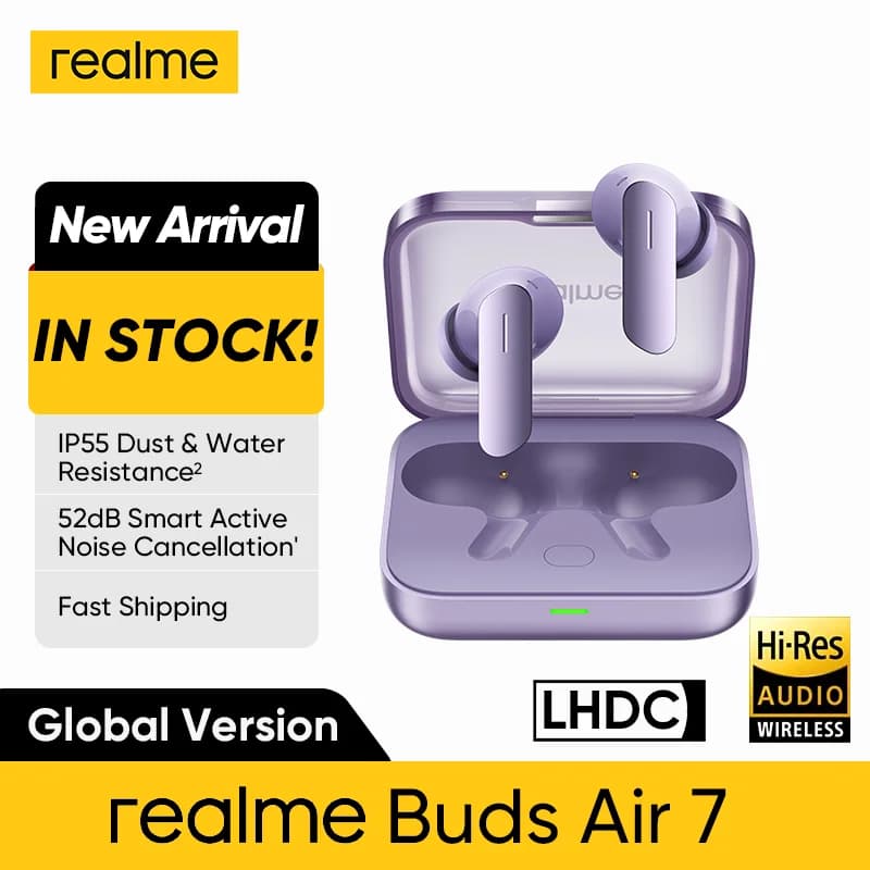 Global Version realme Buds Air 7 52dB Smart Active Noise Cancellation 12.4mm Deep Bass Driver BT5.4 360° Spatial Audio Earphone