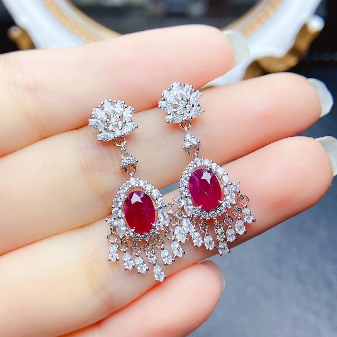 FS S925 Sterling Silver Inlay 5*7 Natural Ruby Earrings With Certificate Fine Charm Fashion Wedding Jewelry for Women MeiBaPJ