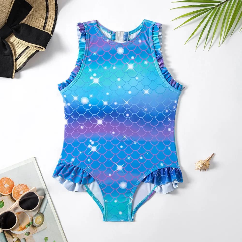 Blue Shiny Mermaid Kids Swimsuit One-piece baby Girls Fish Scale Print Swimwear 2024 Beachwear Bathing Suit