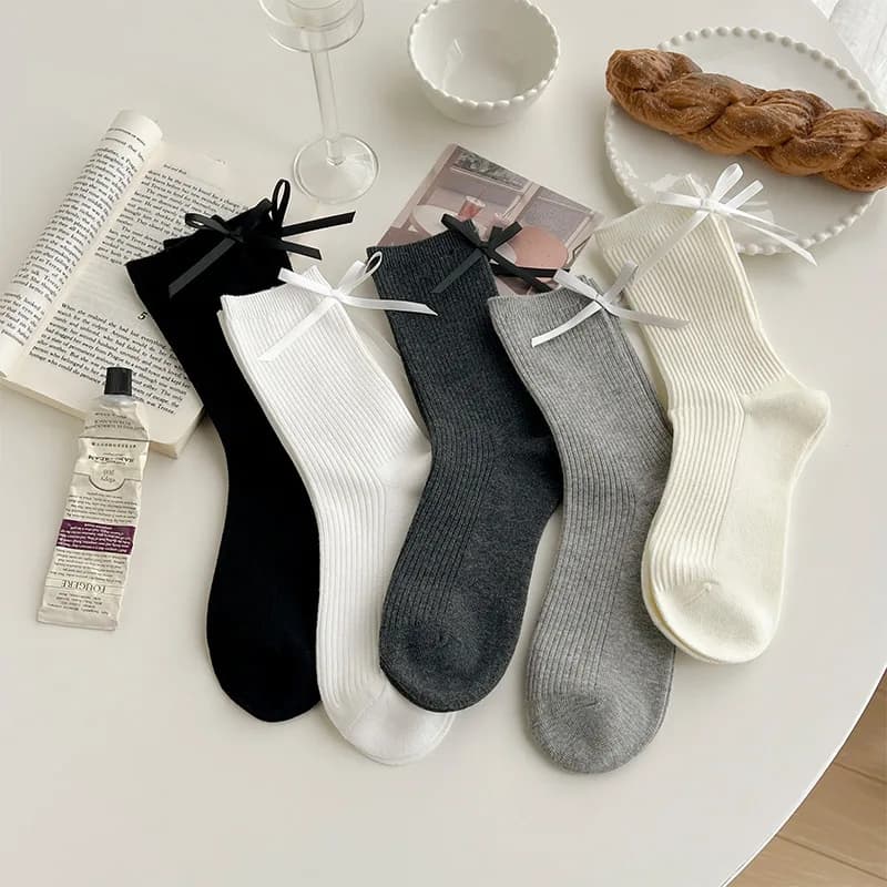 Japanese JK Sweet Bowknot Tied Middle Tube Socks Women Heel Bow Socks Casual Black White Pile Socks Girls Sports Cotton Socks