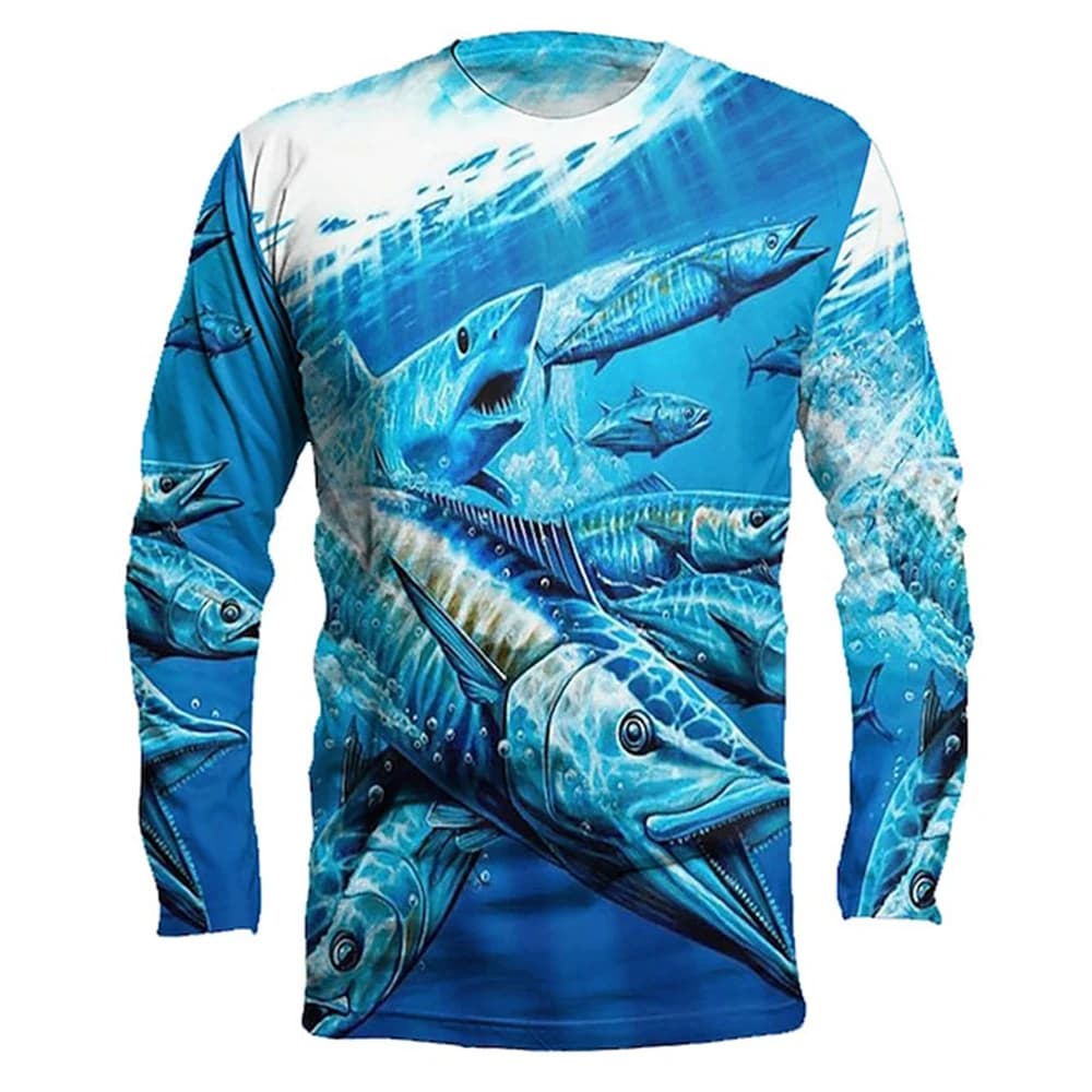 Men's outdoor fishing T-shirt, long sleeved shirt, oversized round neck 3D print, casual and fashionable