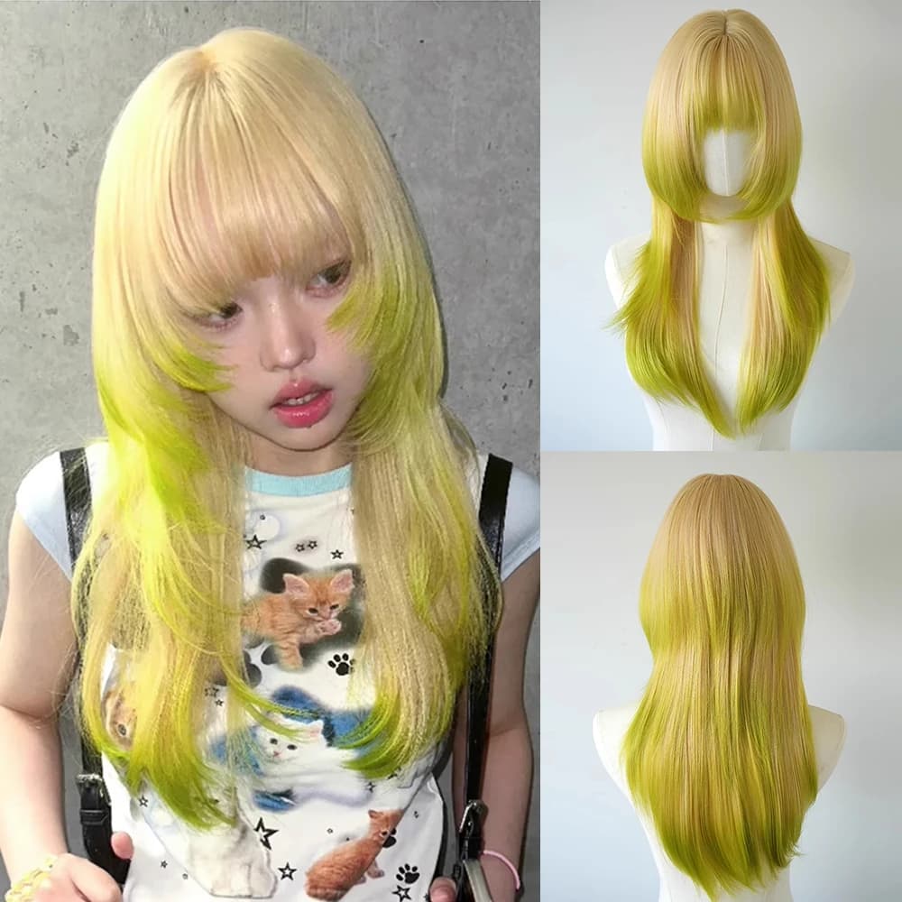 Layered Blonde Ombre Green Synthetic Wig Jellyfish Head Long Straight Y2k Fluffy Wig for Lolita Cosplay Daily Party