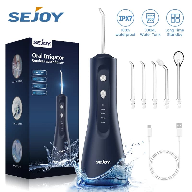Sejoy Water Flosser Cordless Oral Irrigator for Teeth Cleaning Denture Brushes for Home Travel 5 Dental Tips IPX7 Portable