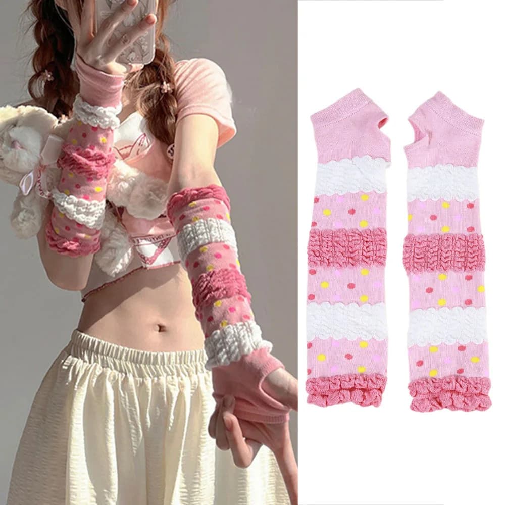 Cute Lolita Pink Long Sleeves Cotton Knitted Arm Warmer Sweet y2k Oversleeve Sunscreen Fingerless Long Gloves Spicy Girls