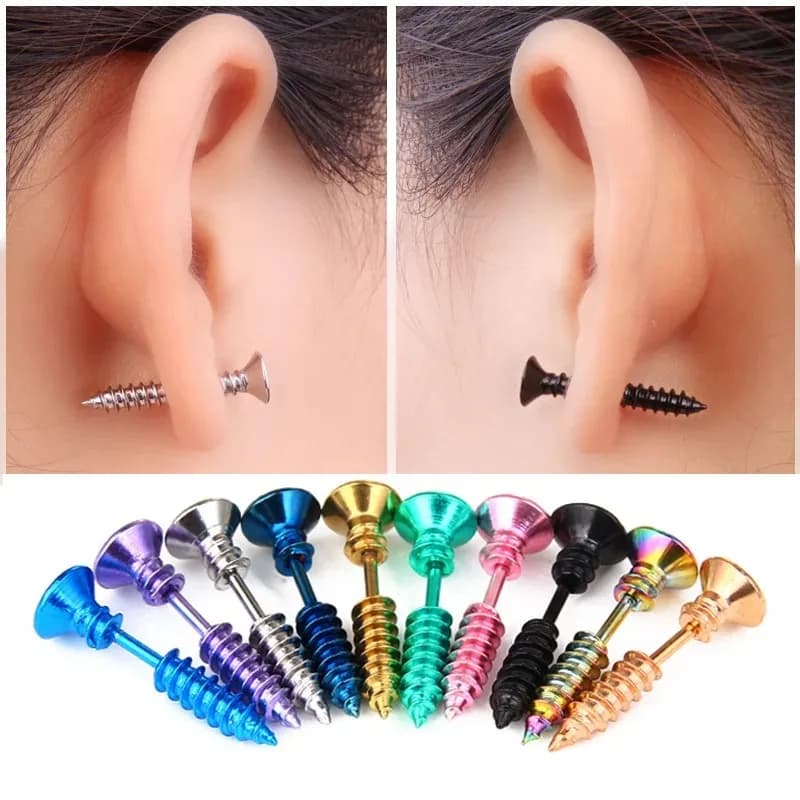 2pcs Punk Fashion Stainless Steel Nail Screw Stud Earrings for Women Men, Gold Black Cartilage Tragus Helix Ear Piercing Jewelry