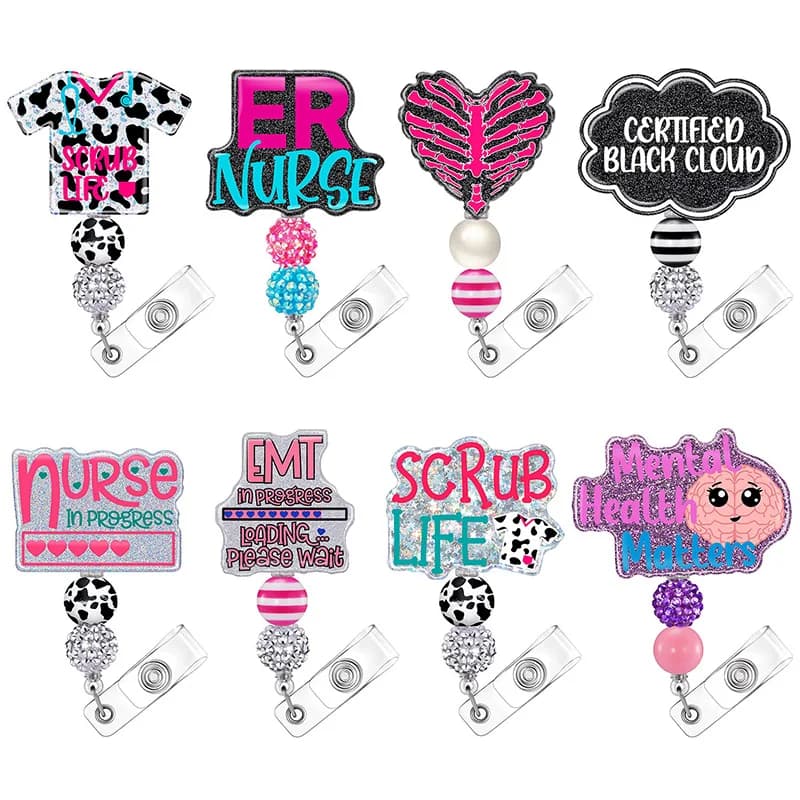 Acrylic Glitter Beaded Retractable Badge Reel Nurse Doctor Student Exhibition ID Card Holder With 360 Rotating Alligator Clip