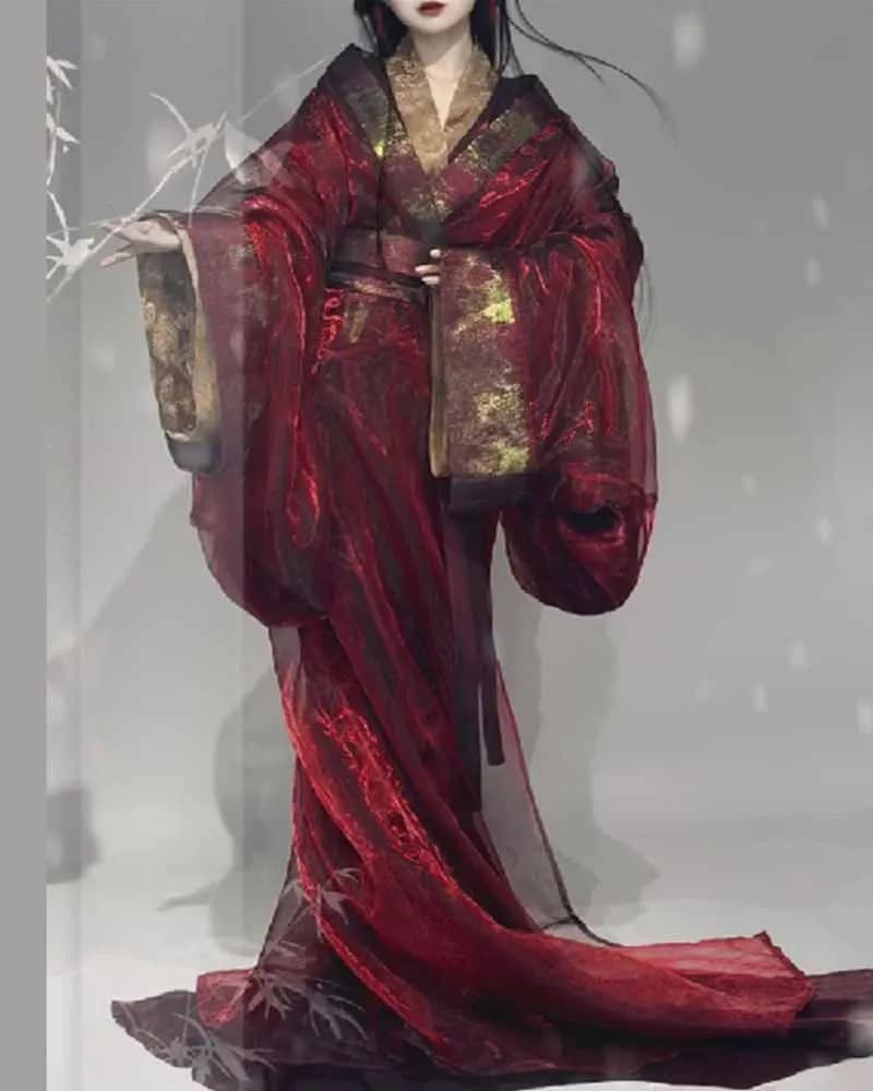 Chinese Hanfu Dress Women Traditional Hanfu War Robe Cosplay Costume Satin Weaving Gold Dazzling Red&Blue Trailing Hanfu Dress