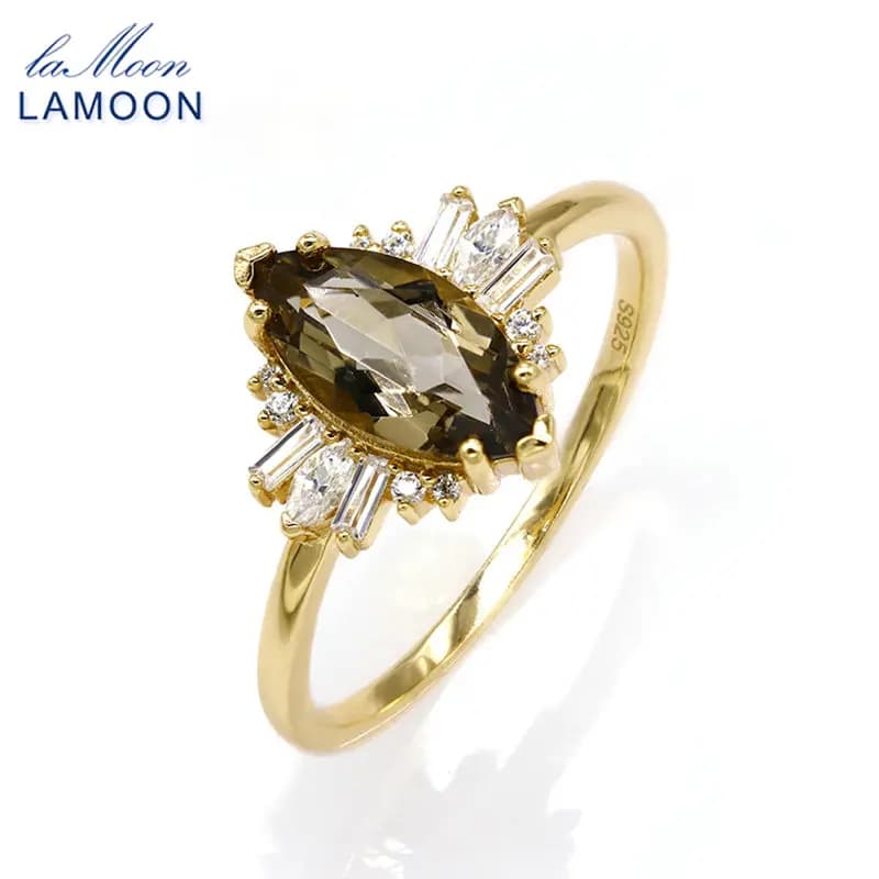 LAMOON Trendy Natural Smoky Quartz Gemstone Rings For Women 925 Sterling Silver K Gold Plated Fine Jewelry Elegant Gift RI063