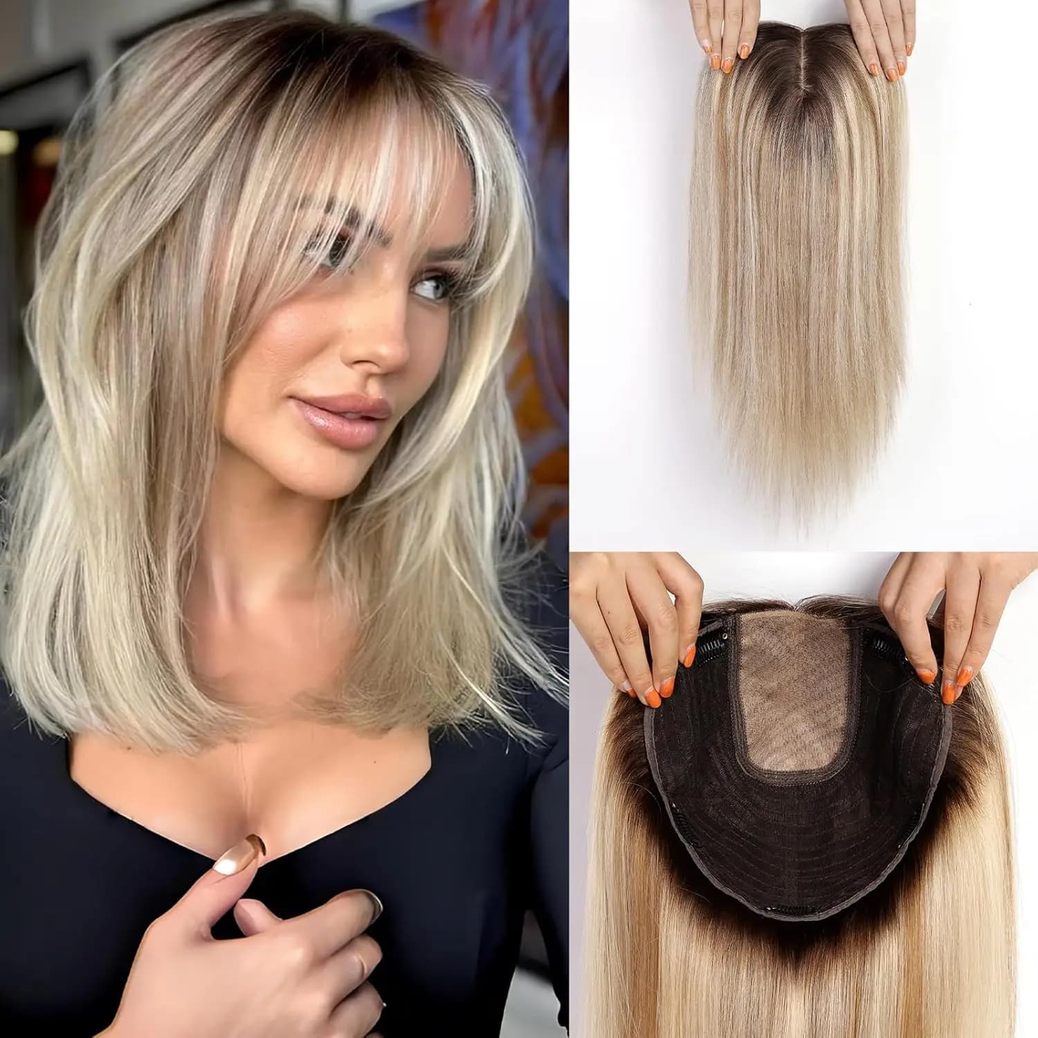 9x9inch Large Base Hair Pieces Brown Highlights Human Hair Toppers 16 inch Toppers for Women with Multiple Non-slip Clips