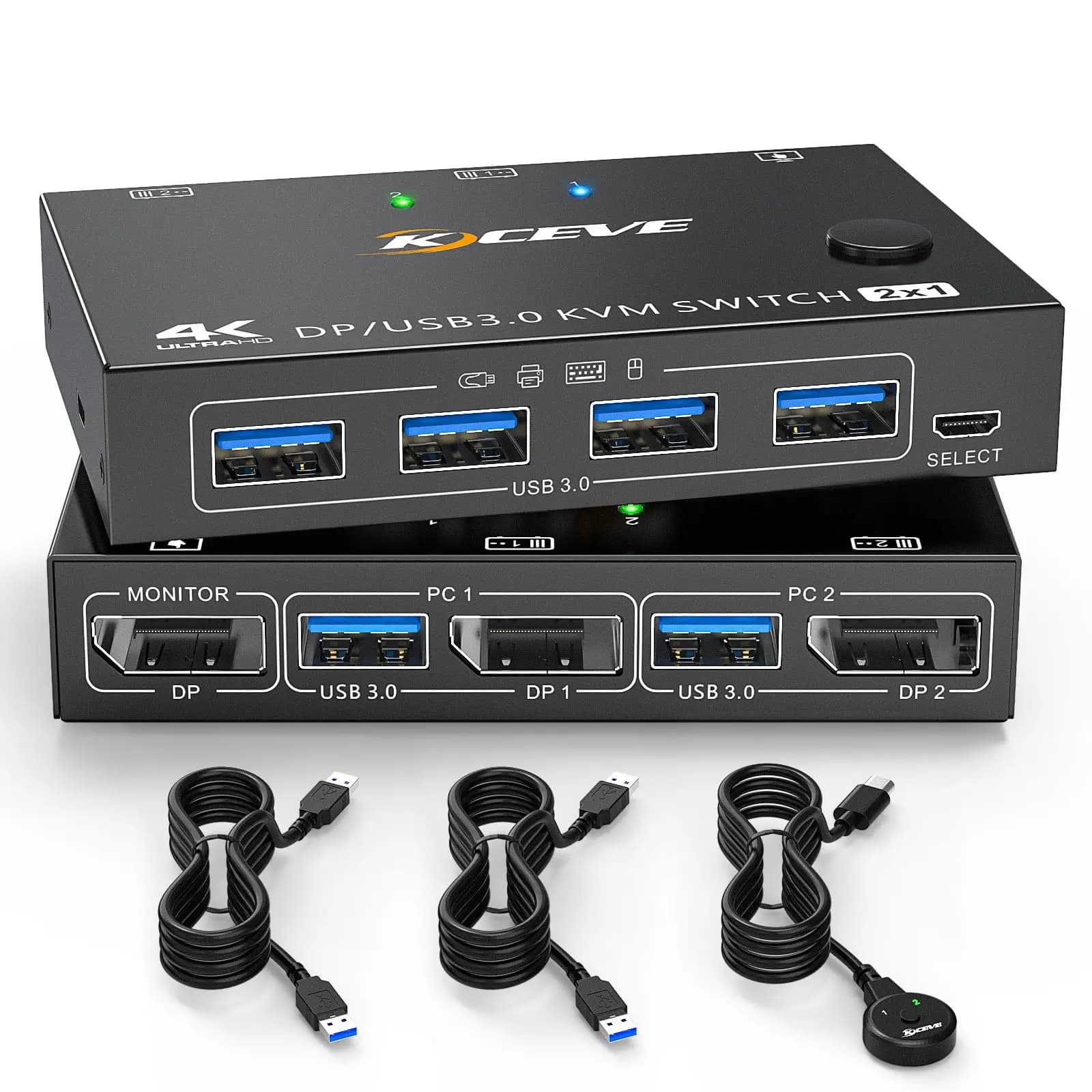 KVM Switch DisplayPort USB 3.0 DP KVM Switch 2 in 1 Out 3440x1440@144Hz,for 2 Computers Share 1 Monitor and 4 USB 3.0 Devices