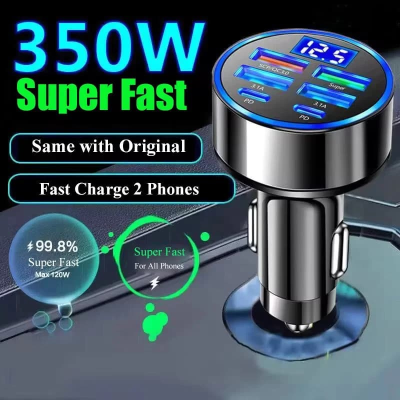 6 in 1 USB C Car Phone Charger Adapter with Voltage Display Dual PD Super Fast for iPhone 15 Pro max OPPO Samsung Huawei