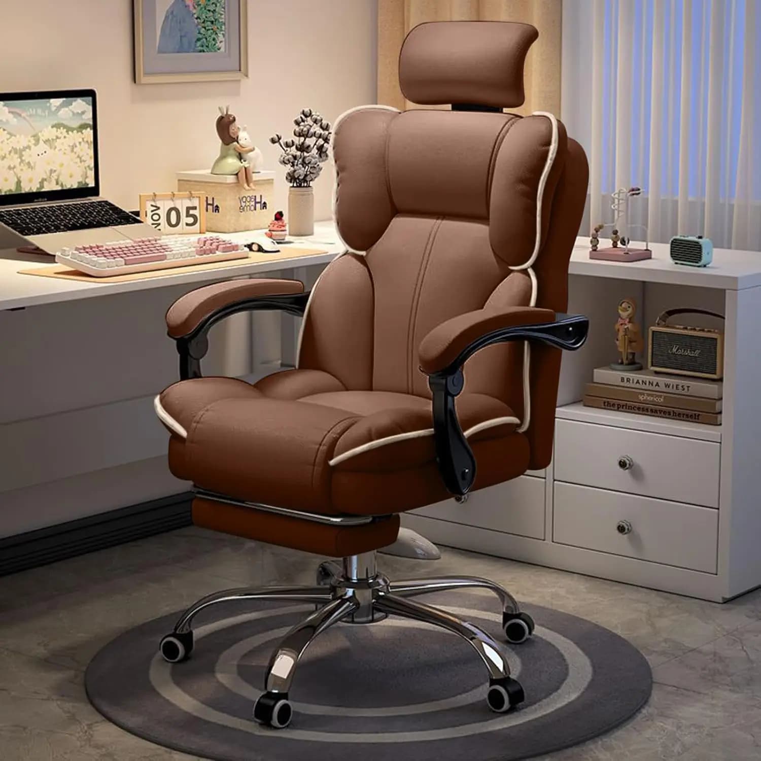 Executive Office Chair with Foot Rest High Back Office Chair Computer Gaming Chairs Big and Tall PU Leather Office Brown