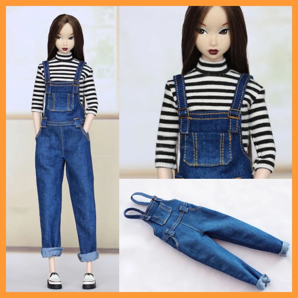 [Customized] 1/6 Female Denim Loose Curled Strap Pants Casual Overall Jeans Clothes for Momoko OB FR Nippon PoppyParker Dolls