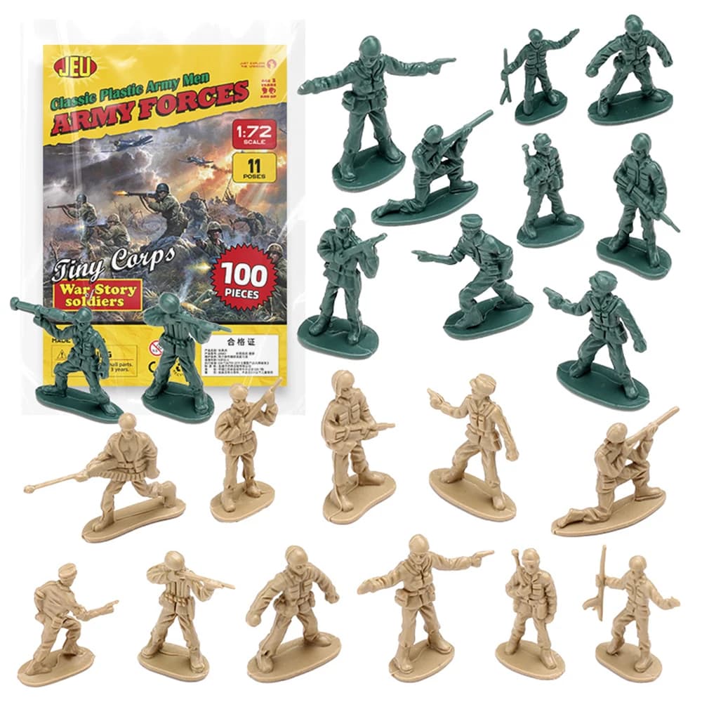 ViiKONDO Army Men Toy Soldier 1/72 Mini Plastic Action Figure 11 Pose Green Tan 100pc Tiny Troop Tabletop Wargame Small Figurine