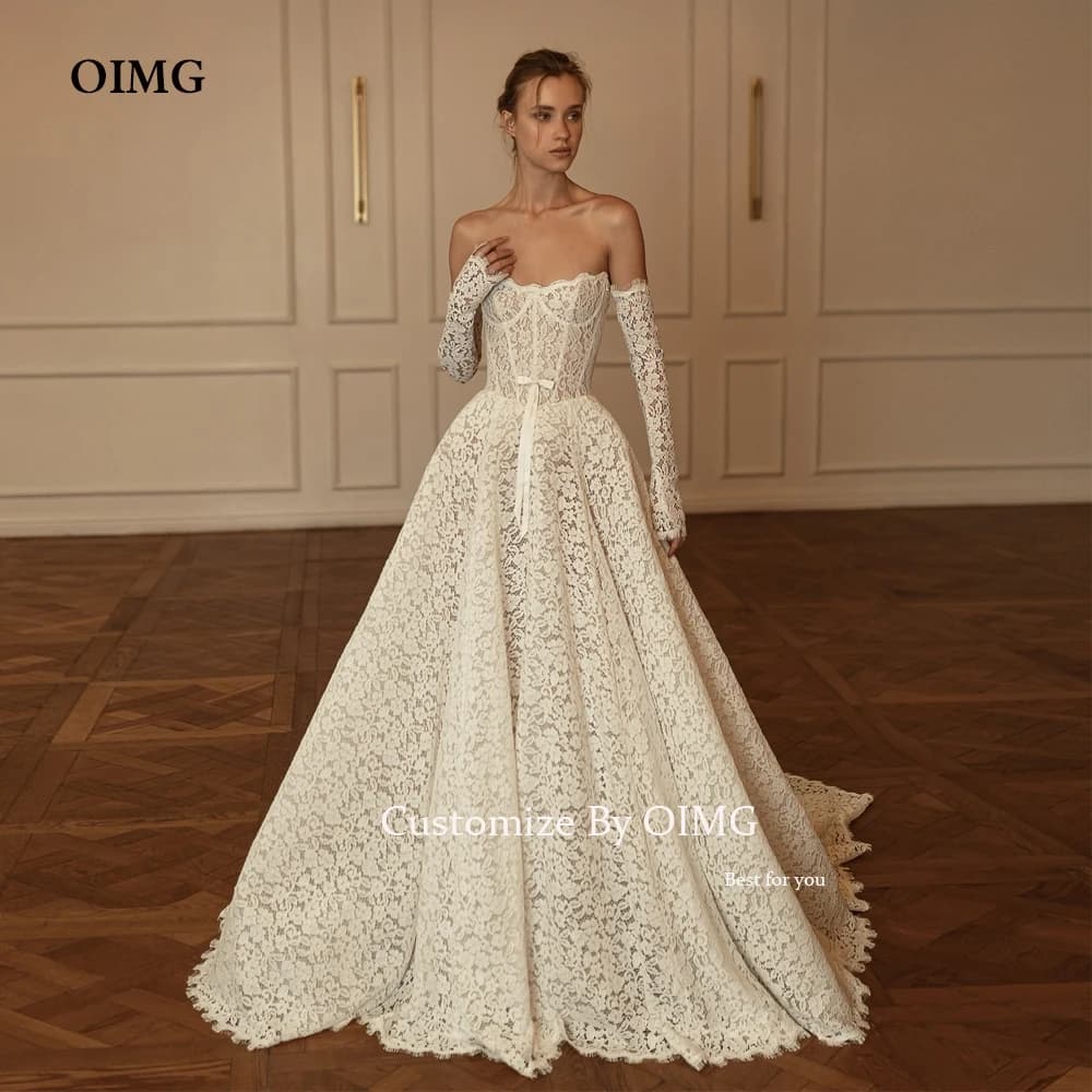 OIMG Elegant Princess Wedding Dress Full Lace Detachble Long Sleeves Ceremony Gowns Bride Bridal Occasion Dresses Customized
