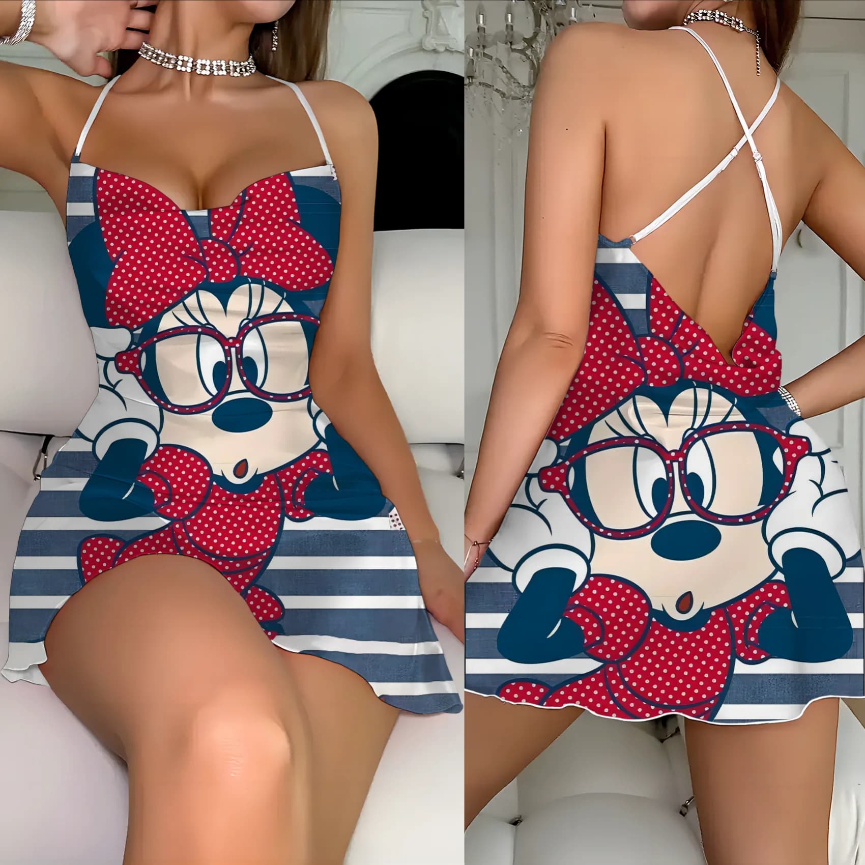 Minnie Mouse Cross Suspender Dress Lettuce Trim Crew Neck Elegant Dresses for Women Disney Mickey Fashion Summer 2024 Backless