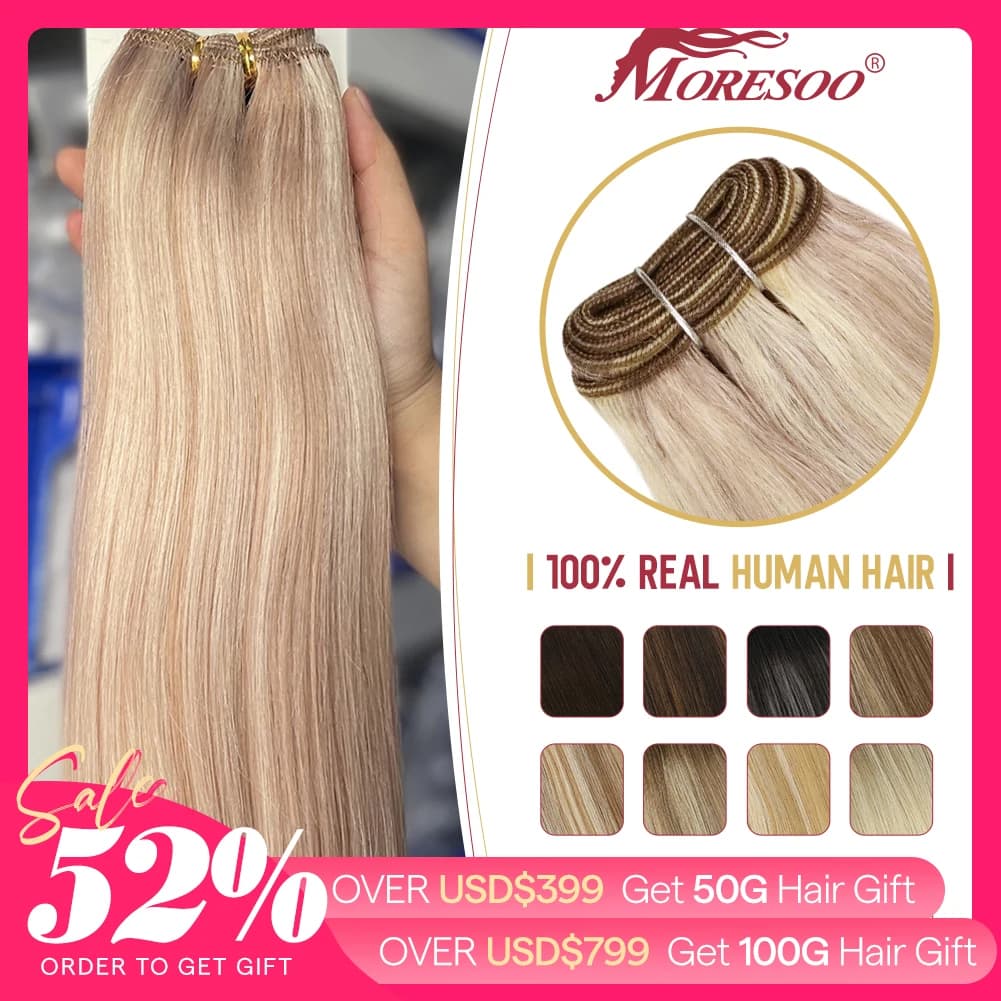 Moresoo Sew in Hair Extensions Weave Hair Human Bundles Machine Remy Hair 100 Gram Double Weft Soft Straight Human Hair Weft