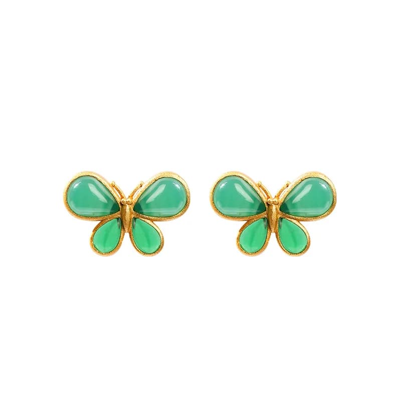 Green Real Jade Butterfly Earrings Natural Jewelry Energy Gemstone Stone Ear Studs Designer Accessories 18K Gold Plated Women