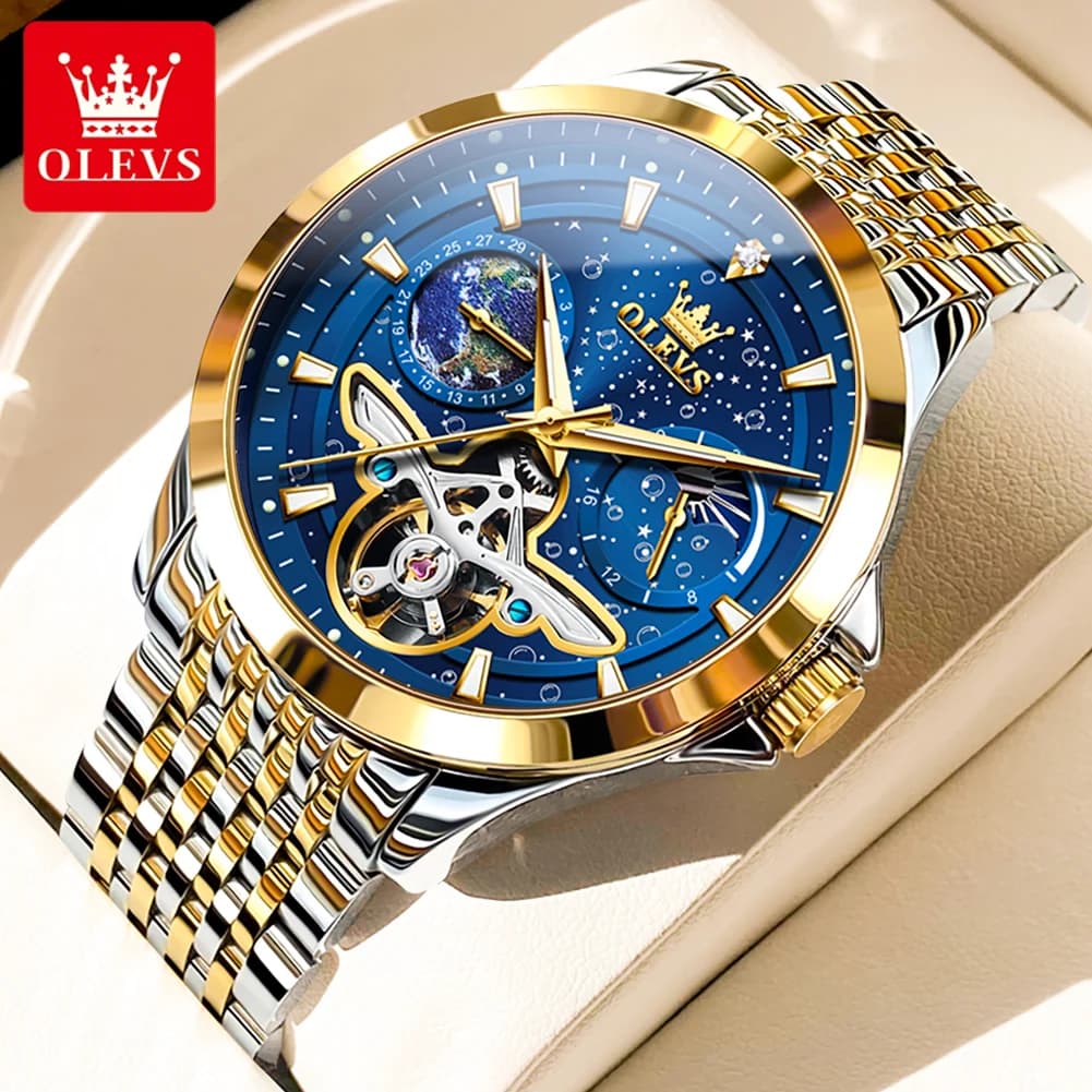 OLEVS Luxury Brand Men's Watches Luminous Waterproof Fully Automatic Mechanical Watch Starry Sky Dial Moon Phase Hollow Out
