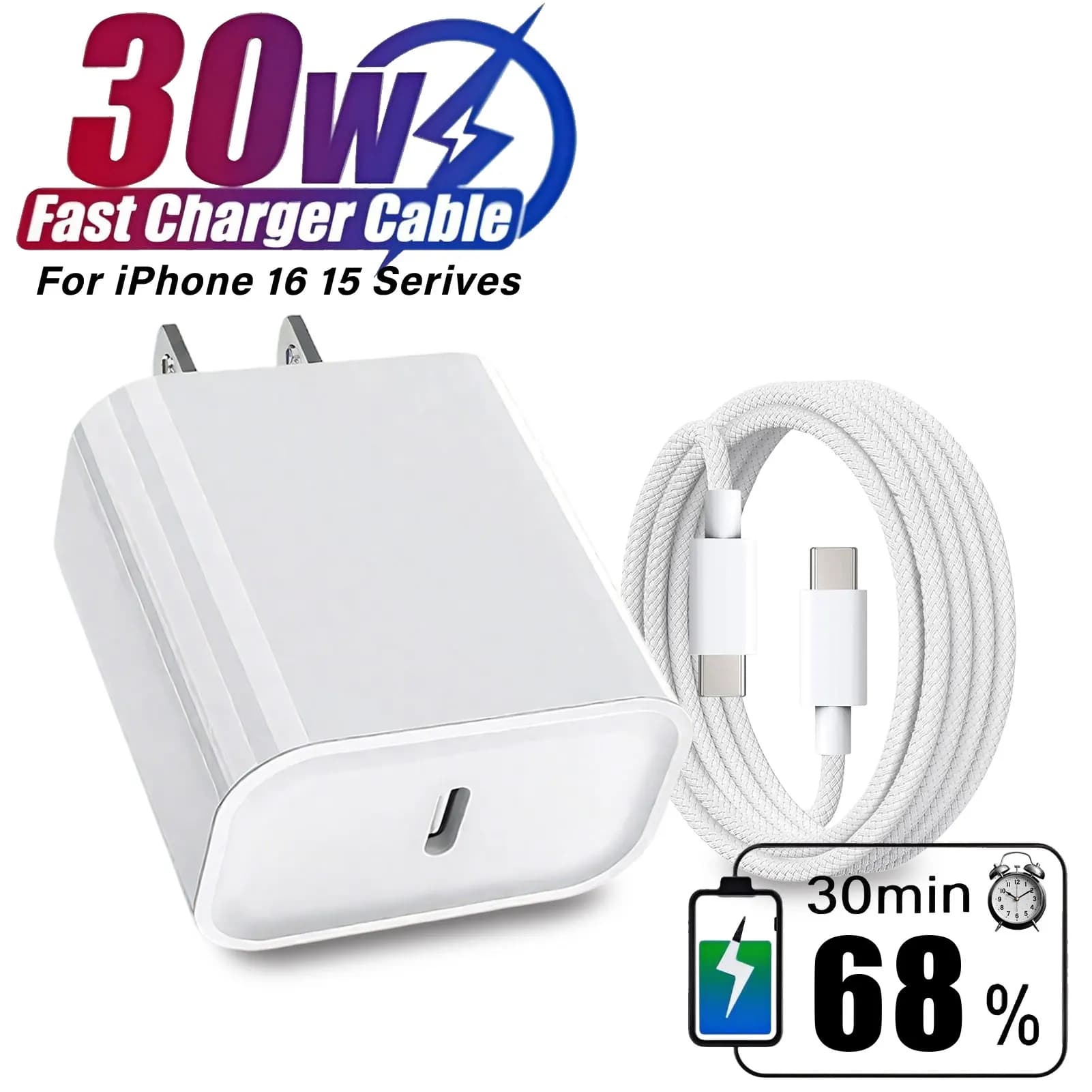 30W PD Fast Charger USB C Wall Charger Type-C Braiding Data Cable for iPhone 16 15 Pro Max Plus ipad Samsung Xiaomi USB C Block