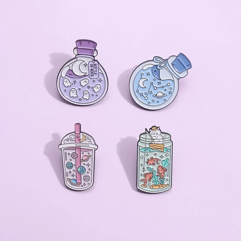 Cartoon Aerospace Space Series Enamel Brooch Cute Drift Bottle Milk Tea Ghost Metal Badge Lapel Pins Jewelry Gifts For Friends