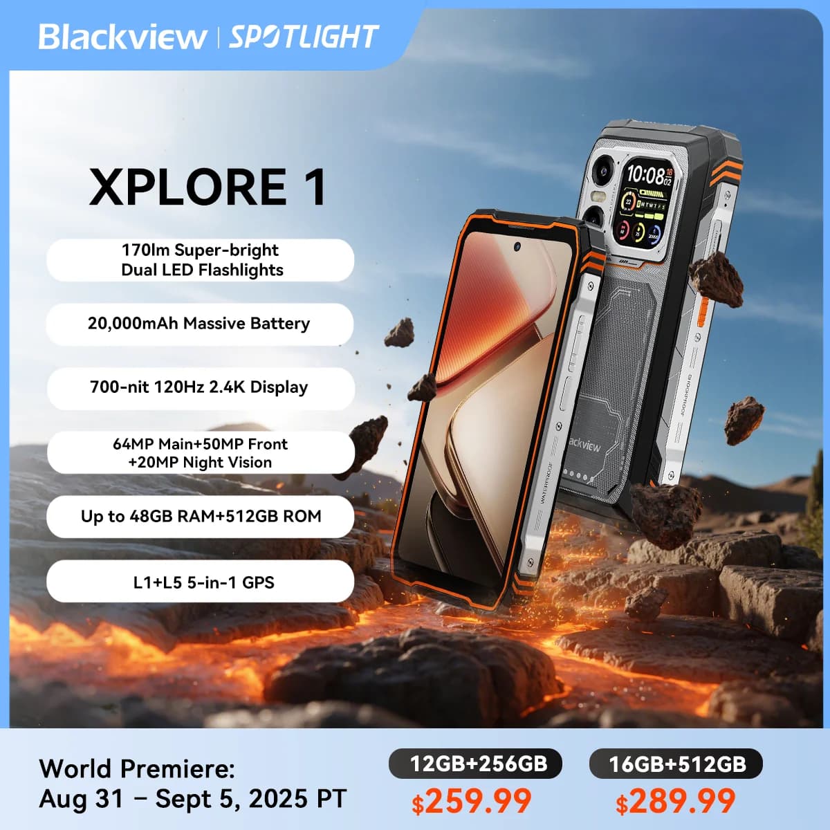 Blackview XPLORE 1 Outdoor Mobile Phone, 5G Waterproof Rugged Smartphone Android 15, 6.78'' 2.4K Display, 16GB+512GB, 20000mAh