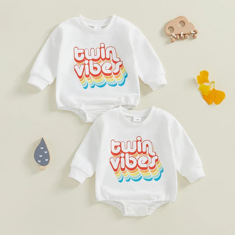 Baby Boy Girl Twins Romper Letter Print Crew Neck Long Sleeve Sweatshirt Jumpsuit for Fall Winter