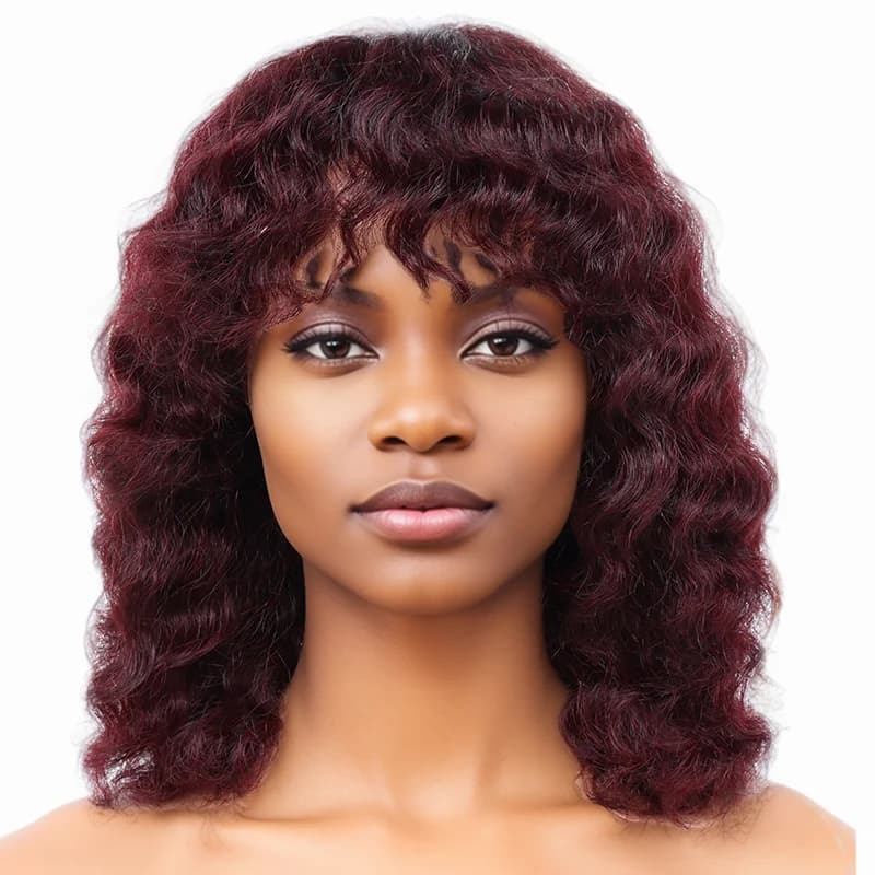 Curly Human Hair Wig Short Bob Wigs With Bangs Full Machine 180 Density Brazilian Highlight Wig Human Hair