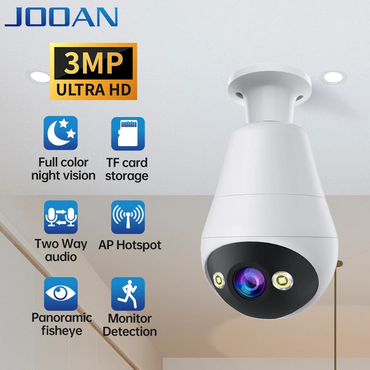 Jooan 2K 3MP WiFi IP Camera E27 Bulb Camera Wireless Baby Monitor AI Tracking night vision Surveillance Camera