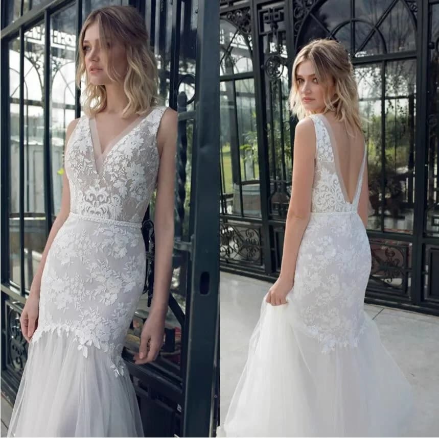 Custom New Arrival Elegant Mermaid Sexy V Neck Wedding Dresses With  Backless Sleeveless Beach Bridal Gowns Lace Appliqued