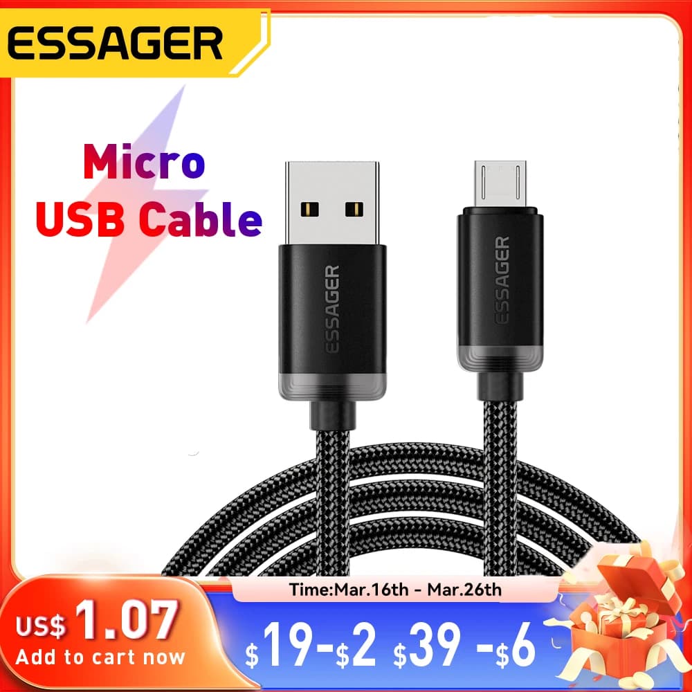 Essager Micro USB Cable 2A Fast Charging USB Cable for  Xiaomi Realme Redmi Samsung Huawei Mobile Phone USB Data Charger Wire 3M